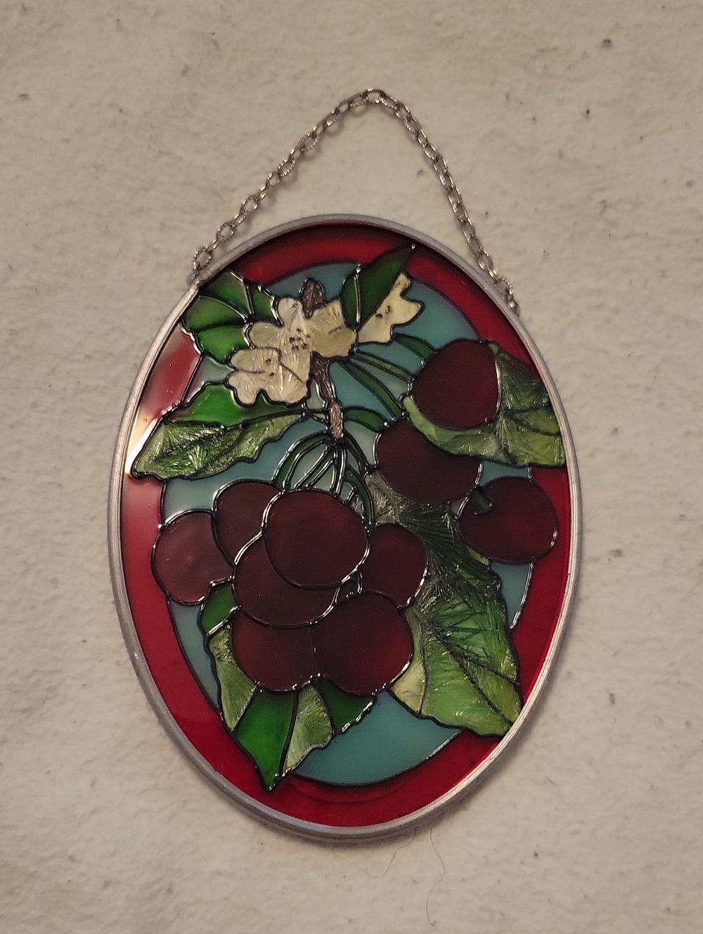 Vintage Joan Baker Red Cherry Stained Glass Hanging Art